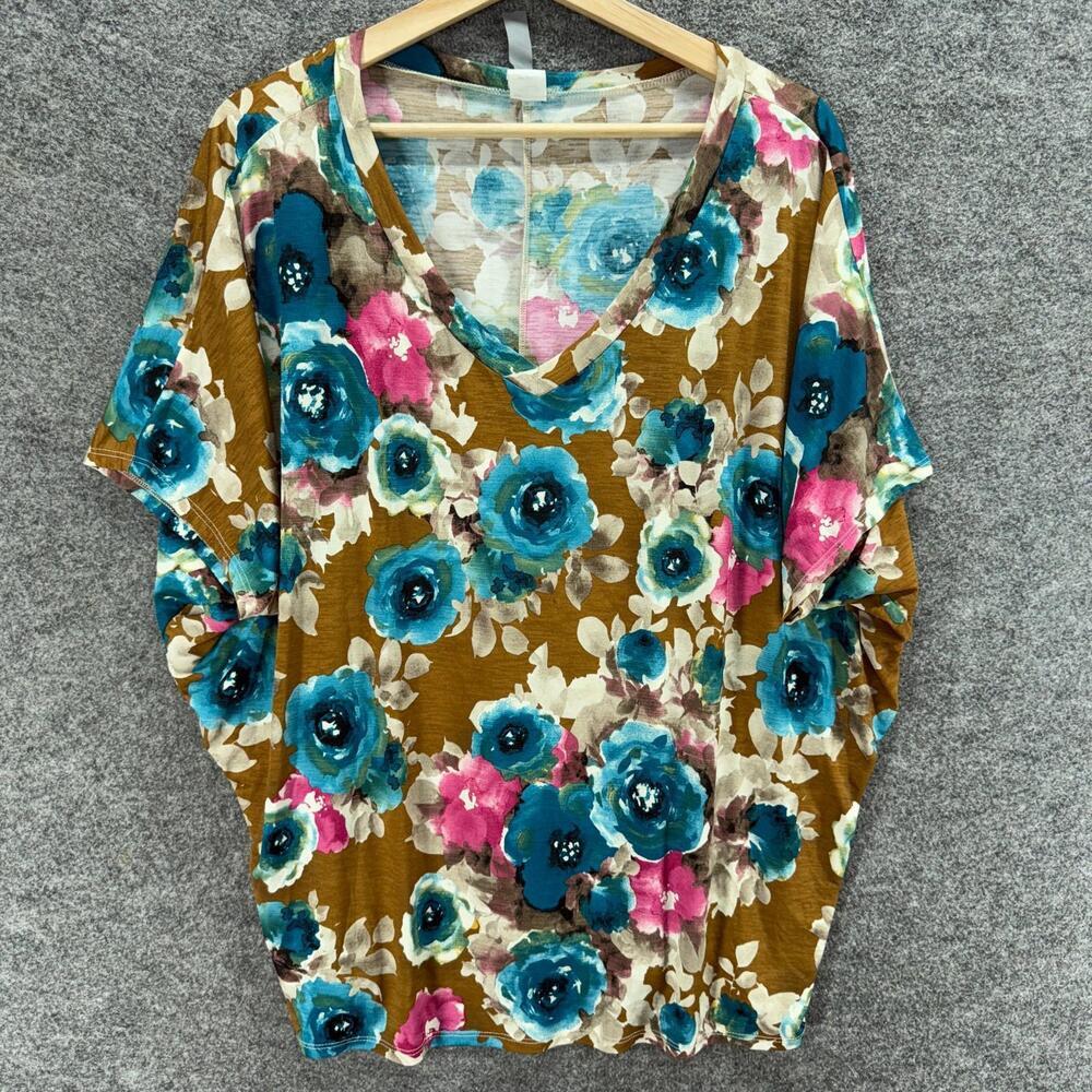 Honeyme T-Shirt Women XL Brown Floral V-Neck Short Sleeve Pullover Casual